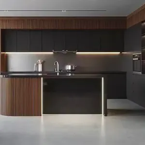 モダンアイランド無垢材キッチン食器棚デザイン完全な金属ラミネート光沢のあるキッチンキャビネット