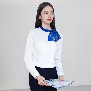 Flight Attendant Uniform White Long Sleeve Shirt With Blue Bow Collar Slim Fit Women Airline Hotel Restaurant Uniform - Product Image 2