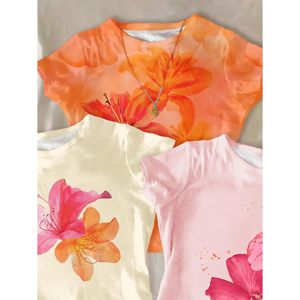 T-shirt décontracté à fleurs pour femme FOXA, manches courtes, col rond, coupe ajustée, haut d'été respirant en polyester tricoté, imprimé par sublimation - Product Image 5