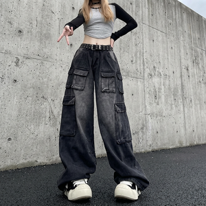 2023 Summer High-Street Women's Cargo Jeans Multi-Pocket Wide-Leg Baggy High-Waisted Niche Washable Y2K Style - Product Image 3