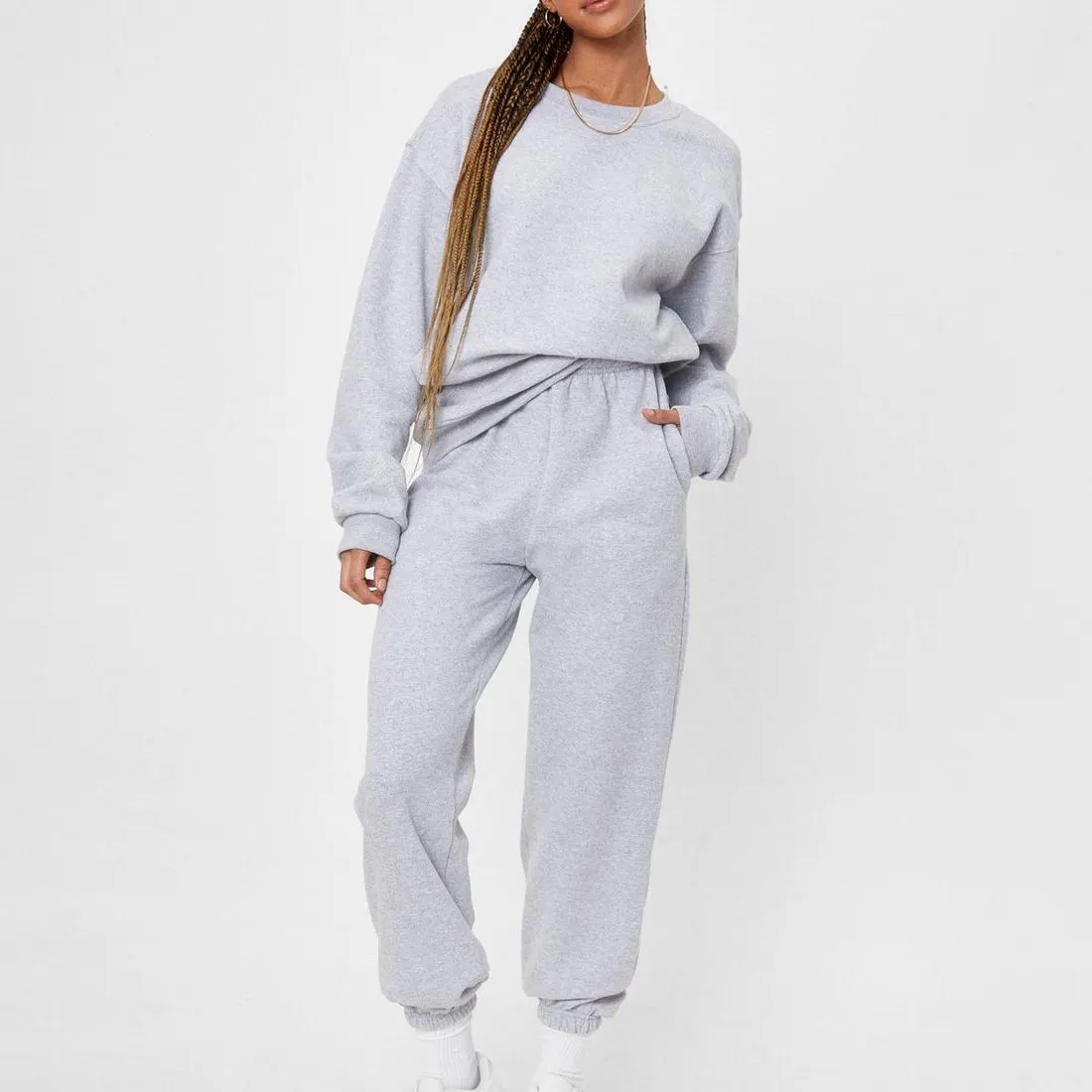 Oem Mùa Đông Mùa Thu Tùy Chỉnh Bán Buôn Bông Velour Giản Dị Người Phụ Nữ Grey Chạy Bộ Hoodies Hai Mảnh Bộ Đồ Thể Thao Phụ Nữ Mồ Hôi Phù Hợp Với Thiết Lập