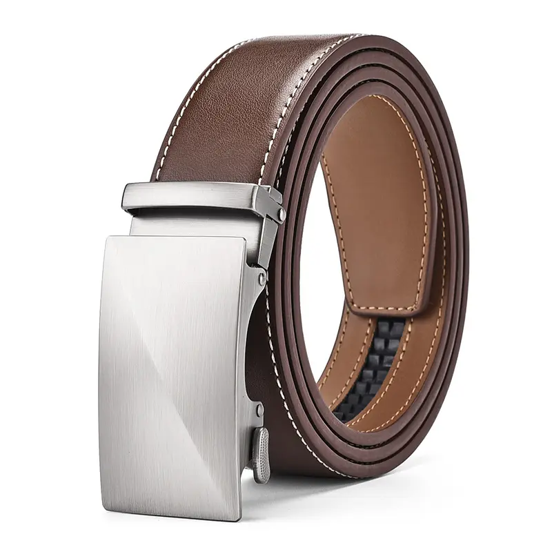 Vente en gros de robe ceinture à cliquet avec boucle automatique coulissante en cuir véritable pour hommes ceinture réglable en alliage marron peau de vache