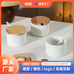 Ceramic Spice <b>Jars</b> <b>With</b> Wooden <b>Lids</b> And Spoons For Kitchen Seasoning Storage 3Pc Set - Product Image 5