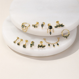 Flat Back 2/3/4mm 925 Sterling <b>Silver</b> Multi Size Waterdrop Marquise Natural Moss Agate <b>Cartilage</b> Threaded Piercing 6mm Length - Product Image 3