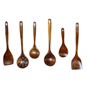 Acacia Wood Spatula And Spoon Set 6 Pieces Long Handle For Non Stick <b>Pans</b> Wok Soup Ladle Porridge Stirring Utensils - Product Image 1