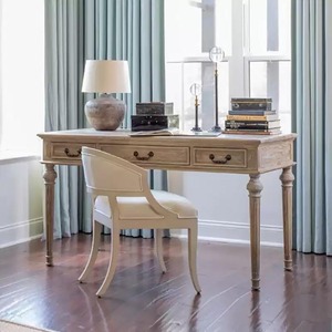 Table basse vintage en chêne massif vieilli, style campagne française, avec 3 tiroirs de rangement, pieds tournés, table centrale pour salon - Product Image 3