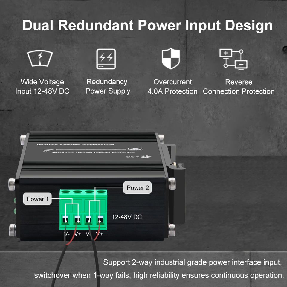 Mini Industrial Media Converter Gigabit Fiber to RJ45 12-48VDC, DIN-Rail Mount, -40&deg;C to 75&deg;C
