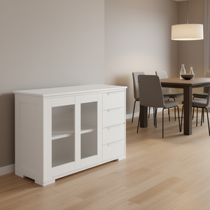 Modern White Sideboard With Glass Doors And <b>Drawers</b> For Dining Room <b>Storage</b> - Product Image 2