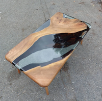 Table Basse Moderne en Résine Époxy Effet Rivière, Table de Salon Contemporaine avec Plateau en Bois