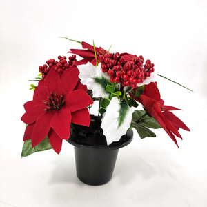 Fiore Funebre in Tessuto all'Ingrosso, Piccolo <span class=keywords><strong>Bonsai</strong></span> di <span class=keywords><strong>Poinsettia</strong></span> in Vaso, Impermeabile, Realistico, per Cimitero, Lapide, Natale, Artificiale - Product Image 1