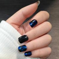 Faux Ongles Carrés à Pression en ABS, Motif Feuille Métallique Noire et Bleue, 24 Pièces, Vente en Gros, OEM, Étiquette Privée Personnalisée, Réutilisables