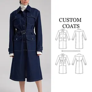 clothing factory Custom Wholesale Designer Custom Fall Winter jacket woman Denim Women Belt Long Cardigan Shirt Coat for Ladies