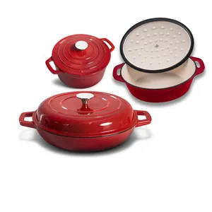 明亮的家居用品定制红色5QT搪瓷砂锅套装高品质炊具套装烹饪锅厨具铸铁炊具