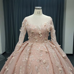 ANY216 Vestido de noche de organza rosa princesa con mangas largas y flores en 3D - Product Image 5