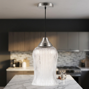 <b>Modern</b> <b>LED</b> Bell Pendant <b>Light</b> with Ribbed Shade and Brushed Metal Finish Middle Size for Kitchen <b>Ceiling</b> Installation - Product Image 3
