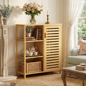 Bathroom Floor Cabinet, Bamboo Storage Cabinet with <strong>Door</strong> and 3 Open Shelves, Freestanding Side Kitchen <strong>Cupboard</strong> Organizer - Product Image 3