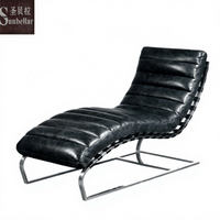 Chaise longue vintage en cuir véritable style mid-century, avec structure en acier inoxydable, dossier capitonné écologique, haute densité, pour chambre et salon