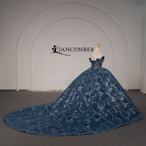 Vestido de Gala Azul Marino Lsmc73-Pz, Estilo Princesa, con Pedrería, Lentejuelas, Adornos Florales y Borlas, Jancember - Product Image 4