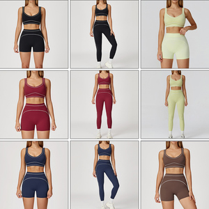 Conjunto al por Mayor de Sujetador de <span class=keywords><strong>Yoga</strong></span> Ajustado con Bloques de Color, Tirantes Dobles en los Hombros y Leggings Deportivos de Cintura Alta para Fitness y Correr para Mujer - Product Image 2