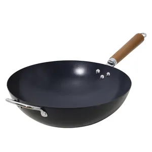 Wholesale Carbon Steel Wok Nitriding Non Stick Wok With Wooden Handle