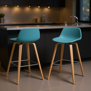 Ensemble de 2 tabourets de bar Randolph, bleu aqua, marron clair, structure en bois, design moderne du milieu du siècle, pour comptoir de bar - Product Image 2