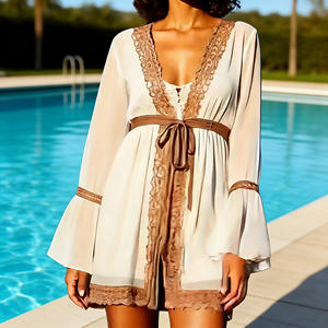 Mono elegante y dulce para mujer, con cuello en V profundo, manga larga acampanada, ribete de encaje, cinturón ancho, estilo bohemio, para vacaciones de verano - Product Image 2