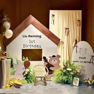 Décoration de fête de premier anniversaire de bébé de style coréen, fond mural avec motif ours et <span class=keywords><strong>lapin</strong></span>, origine Chine - Product Image 4