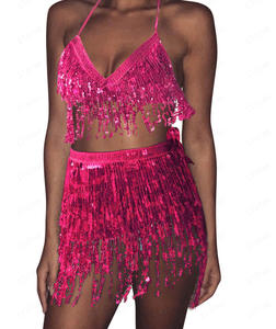 Pailletten Quasten Tanzen Sets Frauen Sexy Bauchtanz Kostüm Glänzender Neck holder BH und Hüfttuch Wickel gürtel Tänzer Rock Dance wear - Product Image 2