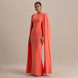 Vestido de noche de color liso con cuello redondo y chal plisado, ajustado, elegante y largo para banquetes y fiestas. - Product Image 2