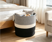 Grand panier de rangement pliable en corde de coton écologique, noir et blanc, avec poignées, pour la lessive, chambre et salon