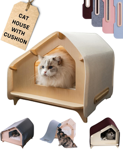 Cat House – Covered Indoor Pet Bed with <b>Cushion</b> & Scratcher Wood Cat Scratcher House for Cats, Kittens, <b>Small</b> Dogs - Product Image 1