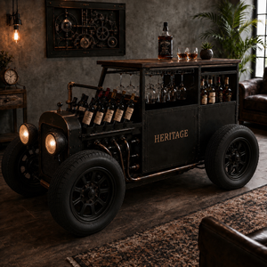 Chariot de bar industriel vintage avec comptoir en bois, structure métallique, rangement pour bouteilles de vin et porte-verres suspendu pour la décoration de bar - Product Image 1