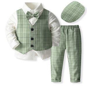 Ensemble 4 pièces style gentleman à carreaux verts pour tout-petit garçon : chemise à manches longues, gilet, pantalon <span class=keywords><strong>et</strong></span> chapeau – Idéal printemps, automne, anniversaire, mariage - Product Image 1