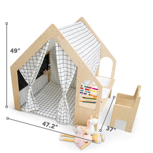 Maison de jeu d'intérieur 5-en-1 avec bureau, chaise, tableau noir, coussin de sol et rideaux, style Montessori Waldorf pour les enfants de 1 à 8 ans - Product Image 2