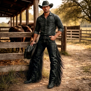 Pantalon Western Noir pour Homme avec Pompons, Taille Haute, Coupe Droite, Braguette Boutonnée, en Toile Délavée, Style Décontracté, Idéal pour l'Automne - Product Image 1