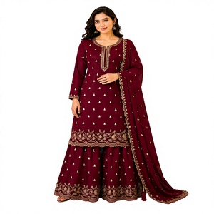 Conjunto de traje Sharara de Georgette al por mayor con bordado pesado de Zari dorado, Kurta recta y Gharara acampanada, ideal para bodas y festividades indias y pakistaníes. - Product Image 1