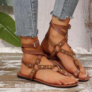 <b>Women</b> Cross Strap Thong <b>Sandals</b> Ankle Buckle Rivet Flat Roman <b>Sandals</b> Casual Outdoor Summer Footwear - Product Image 3