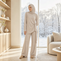 Loriya Abaya Wanita Muslim, Gaun Abaya Wanita Muslim Gaya Dubai, Set Abaya Jersey Lembut dengan Ikat Samping, Tunik, Celana Kaki Lebar, Athleisure