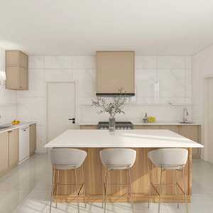 Gabinetes de Cocina Modernos y Elegantes de Madera Beige, Isla con Encimera de Mármol, Puerta de Madera Contrachapada Estándar Estadounidense - Product Image 1