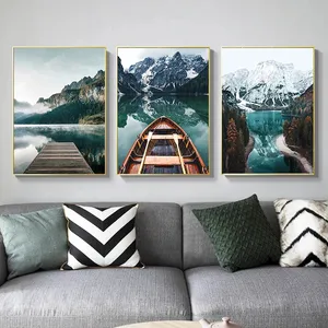 Pintura decorativa para paisagem nórdica, imagem decorativa para o lago, barco, decoração de casa, quarto escandinavo, poster de parede, estampa de montanha