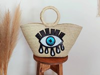 Sacs fourre-tout en paille personnalisés pour les vacances à la plage, motif « Yeux du Diable », grande capacité, avec bandoulière chaîne décontractée et doublure en cuir véritable