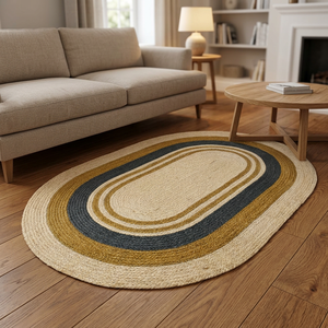Tapis en jute tressé ovale abstrait moderne, fait main, écologique, antidérapant, adapté aux animaux domestiques, lavable, style bohème rustique pour salon et chambre - Product Image 6