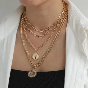 Punk Vintage Layered Portrait Coin Pendant Necklace Set Chunky Thick Cuban Link Chains Choker Necklaces For Women Jewlery