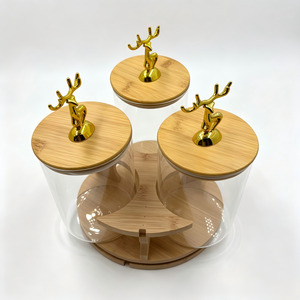 Set 3 Wadah Penyimpanan Kaca Borosilikat Laila Berputar dengan Tutup Bambu dan Motif Rusa Emas - Product Image 6
