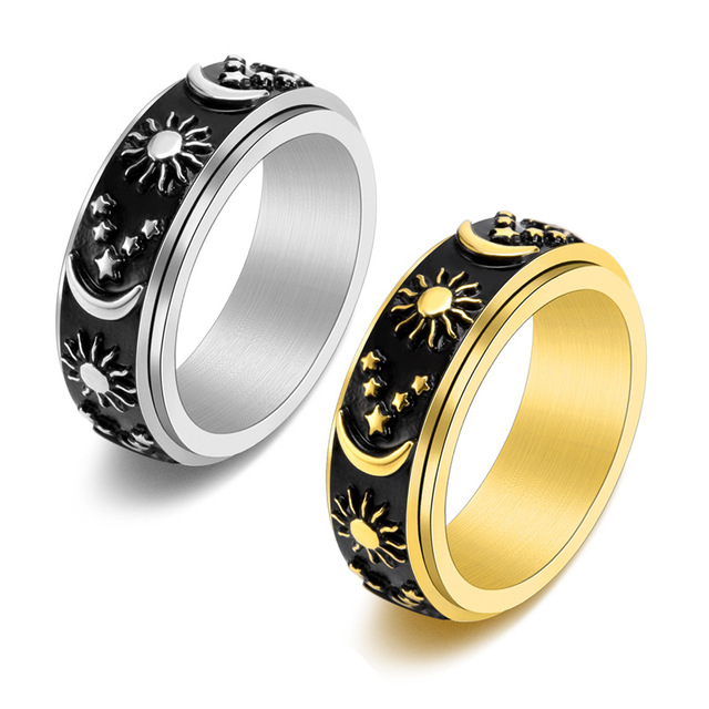 Hisera Fashion Stainless Steel Men's Star and Moon Ring Personalized Vintage Jewelry Exquisite Unisex