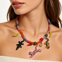 Europese Amerikaanse multicolor gevlochten touwketting met krokodillen- en luipaardprint, fruit-, banaan- en chilimotief voor dames