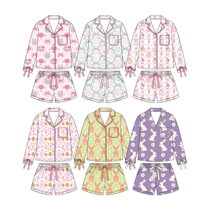 Pyjamas de Pâques personnalisés pour enfants, imprimé lapin et œuf mignon sur toute la surface, haut à manches longues boutonné, short à taille élastique - Product Image 1