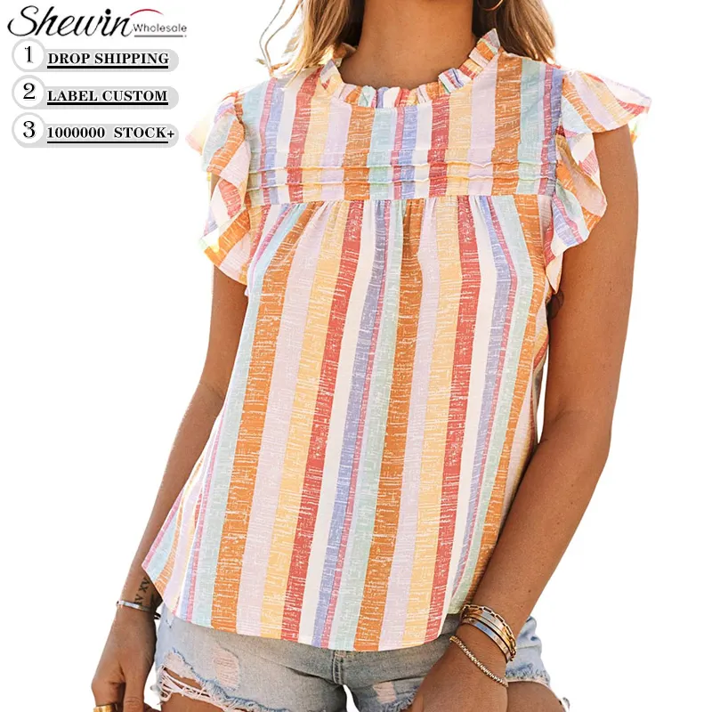 Cheap Striped Color Block Ruffled Sleeveless Fashionable Women Tops And Blouses
