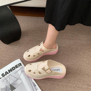 Heli Shark été Baotou <span class=keywords><strong>creux</strong></span> pantoufles vêtements d'extérieur fond épais femmes décontracté maison mode couleur bloc romain moitié - Product Image 4