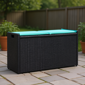 Banc de rangement de patio en polyrotin noir de 39,4 pouces avec coussin, mobilier d'extérieur au design contemporain et au style moderne - Product Image 2